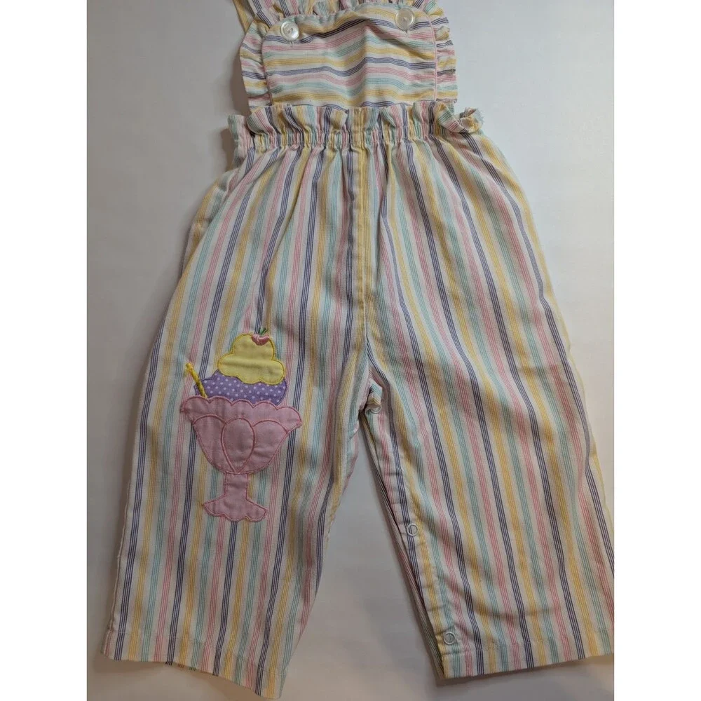 Vintage 80s Tiny Tots Pink Yellow Striped Overalls Ice Cream Cone Size 18 Months